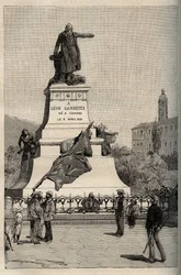 Monumento a Leon Gambetta (1838-1882) por Alexandre FALGUIERE (1831-1900) - Cahors - gravura em "PATRIE" - DESCRIÇÃO PECTUREQUIREE DE LA FRANCE EN 6 VOLUES BY LUCIEN HUARD - final do século XIX
