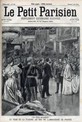 Celebrações em Moscovo: O Czar Nicolau II da Rússia (1868-1918) e a Czarina Alexandra Fiodorovna Romanova (1872-1918) no Baile da Embaixada da França, em "Le petit Parisien".