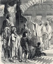 Moisés e Arão visitando o faraó (Moisés e Arão visitando o faraó) Gravura da "História Santa" de Lahure século XIX