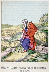Moisés vê a terra prometida do topo do Monte Nebo e morre - em "Vida de Moisés", ed. Olivier Pinot, Epinal, final do século XIX