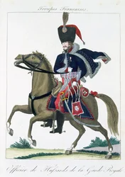 Oficial montado dos hussardos da guarda real, de Troupes Francaises, bar. Chez Basset, Paris, c.1790