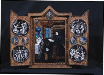 Armário de luto com cenas da vida de Cristo e atributos de Henrique II (1519-1559) e Catarina de Médicis (1519-1589) (esmalte e madeira)