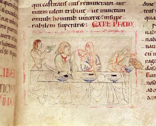 Ms.1215 t.3 fol.158v, Refeição com Judith e Holofernes, da Bíblia de Etienne Harding, 1109