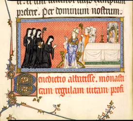 Ms.298 f82v A apresentação de uma abadessa, do Metz Pontifical, escrito por Raymond Bar, bispo de Metz, 1302-16