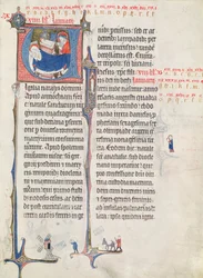 Ms.838 fol.55 Iniciativas historiadas &39;U&39; e &39;I&39; representando a Natividade e o Menino Jesus, de &39;Obituaire de Notre Dame de Pres&39;, depois de 1270 (ver também 155905)