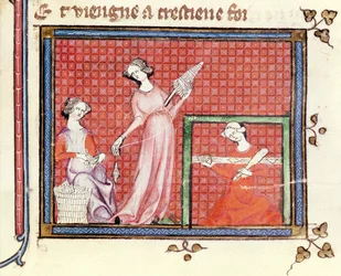 Ms 1044 fol.101 A Mulher Forte das Escrituras Girando com seus Servos, de Ovide Moralise escrito por Chretien Legouais