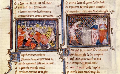 Ms 1044 fol.20 Jupiter versus Saturno: Saturn ensinando os lombardos como usar uma foice, de Ovide Moralise escrito por Chretien Legouais