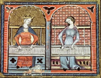 Ms 1044 fol.89v Women Weaving, de Ovide Moralise escrito por Chretien Legouais