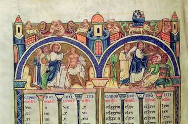 Ms 10 f.128v Cânon dos Evangelistas, detalhe representando Cristo curando o homem com hidropisia e expulsando demônios de um homem possuído, de uma Bíblia em latim