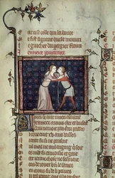 Ms 1126 fol.8r Youth and Love Embracing, de Le Roman de la Rose por Guillaume de Loris e Jean de Meung