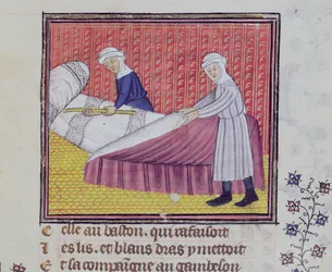 Ms 1130 fol.83r Chastity and Poverty fazendo uma cama, de Le Roman des Trois Pelerinages por Guillaume de Digulleville