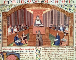 Ms 129 f.32 Uma Lição em Teologia na Sorbonne, de Postilles sur le Pentateuch, ilustração ao texto escrito por Nicolas de Lyre