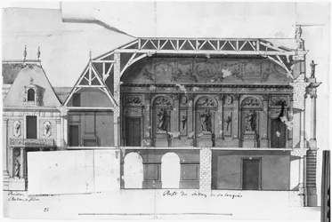 Ms 130736 Seção transversal sul-norte do Grand Salon e da Salle de Diane do castelo de Versailles construída por Louis Le Vau ((1612-70) (wc no papel)