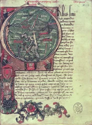 Ms 1321 fol.12 Historiated rubrica &39;O&39; que descreve a Terra, a partir da Situação Mundial "por Mela (fl.c.50 AD) 1418
