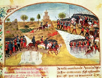 Ms 1335 f.62v Como Alexandre, o Grande (356-323 aC) cruzou o Tigre e o Eufrates, de Vie dAlexandre le Grand