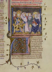 Ms. 13, fól. 232: Coroação de Luís IX (1214/15-70) e provavelmente de Frederico II (1194-1250), de um Saltério de Pierre Lombard, início do século XV