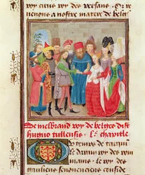 Ms 149 t.1 fol.95 Cena do casamento, da história dos nobres príncipes de Hainaut, por Jacques de Guise