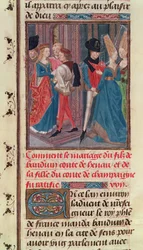 Ms 149 t.3 fol.105 Casamento de Baldwin VI e Marie, filha do Conde de Champagne, da Histoire des Nobres Princes de Hainaut, por Jacques de Guise