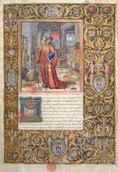 Ms. 1581 f. 001 Flavius Josephus em seu estudo, ilustração para o prólogo das antiguidades dos judeus (Antiquitates Judaicae) por Flávio Josefo, c.1503