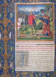 Ms. 1581 f. Ilustração do Livro IX (Da Morte de Acabe ao Cativeiro das Dez Tribos), Capítulo 1 das Antiguidades dos Judeus (Antiquitates Judaicae) de Flávio Josefo - Rei Jeo
