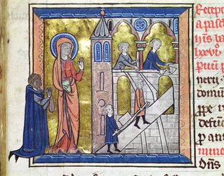 Ms 16261 f.20 Construção da Abadia, do Censier de l&39;Abbaye Sainte-Genevieve, 1270
