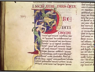 Ms 173 Historiated P inicial representando centauros, dragões e monstros, de Moralia in Job pelo Papa Gregório Magno