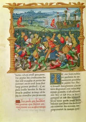 Ms 18 f.73v King Edward III, em guerra na Batalha de Crecy em 1346, a partir das Memórias de Philippe of Commines (1445-1509)