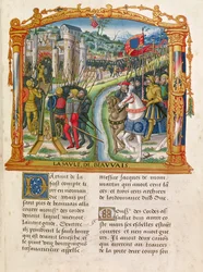 18 f.92r Cerco de Beauvais por Charles le Temeraire, Duque de Borgonha, 27 de junho de 1472, das Memórias de Philippe of Commines (1445-1509)