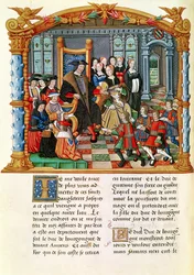 Ms 18 fol.84v Charles o Bold, Duque de Borgonha, recebendo os enviados da França e Guyenne, das Memórias de Philippe of Commines (1445-1509)