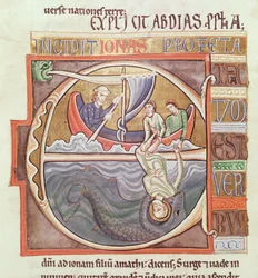 Ms 1 fol.196v Historiated inicial E retratando Jonah jogado no mar, da Bíblia de Souvigny, final do século XII