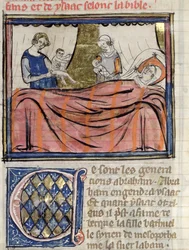 Ms 22 fol.30 O nascimento dos gêmeos Jacob e Esau, em miniatura da Bíblia Historiale de Guiart des Moulins