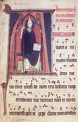 Ms 241 f.1 Historiated inicial A representando São Gregório, do Antifhonal para a consagração da Abadia da Igreja de Vauclair, 1257