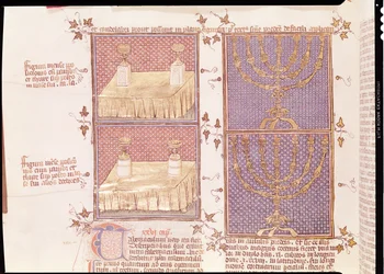 Ms 290 Tome 1 f.89v Tabela de ofertas e a menorah, de Postilles sur la Bible de Nicolas de Lyre