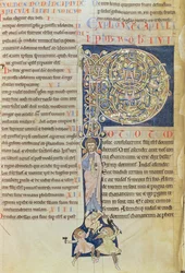 Ms 2 fol.3v t.1 Historiated inicial &39;P&39;, da Bíblia do Mosteiro de Saint-Andre aux-Bois