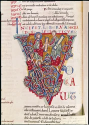 Ms 2 fol.41v Historiated Inicial V representando uma cena do livro de Levítico, da Bíblia de St. Benigne