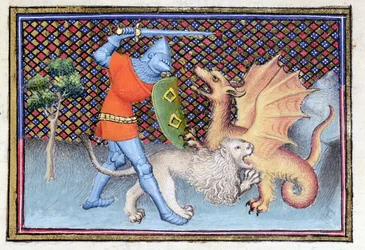 Ms 3480 Yvain, o cavaleiro com o leão, combatendo um dragão, miniatura do Roman de Lancelot, pormenor