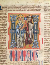 Ms 354 fol.9 Miniatura de um bispo e rei do Decretum Gratiani, século XIV