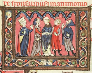 Ms 364 fol.166 Um casamento, ilustração dos comentários de Johannes Andreae no Decretals papal