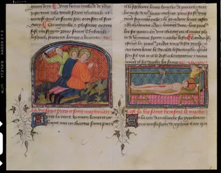 Ms 3682 A decapitação de St. Processus e St. Martinian e o martírio de St. Erasmus, de Legenda Sanctorum Aurea por Jacques de Voragine