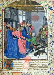 Ms 3717 Huntsman apresentando o autor com uma cópia de seu tratado sobre a caça, do Livre de la Chasse por Gaston Phebus de Foix (1331-1391)