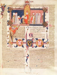 Ms 371 f.1 Jean Andre apresentando seu trabalho ao Papa Clemente V (c.1260-1314)