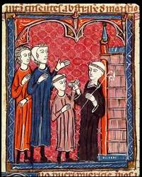 Ms 372 f.53r Uma criança trazida a um monastério por seus pais, de Decrets de Gratien