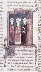 Ms 373 fol.51v Um monge, um bispo e um abade, de Decrets de Gratien
