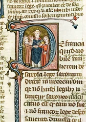 Ms 376 f.320 Historiated D inicial descrevendo um sacerdote abençoando um casamento, de Les Gregoriennes