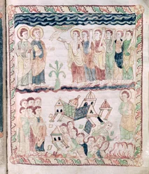 Ms 386 fol.25r Anjos com Trombetas e a Terra Tremendo, do Apocalipse de São João