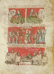 Ms 406 fol.6 Cenas da vida dos Estudantes do Colégio de Hubant ou da Ave Maria, dos Estatutos do Colégio de Hubant, Paris, 1387