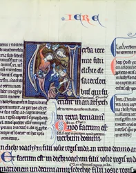 Ms 48 fol.95v Historiated inicial V representando o apedrejamento do profeta Jeremias