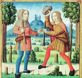 Ms 493 f.10v Os Pastores Dametas e Menalcas Desafiando um ao outro para um Concurso Musical, de The Eclogues de Virgil com um comentário de Servius, 1469