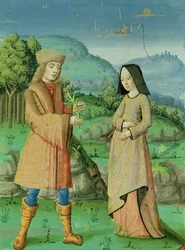 Ms 493 fol.123v Reunião de Enéias e Anne, a irmã de Dido, de A Eneida com comentários de Servius, 1469