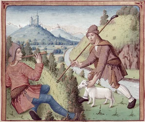 Ms 498 f.3v Tityrus encontra Meliboeus, de The Eclogues de Virgil com um comentário de Servius, 1469